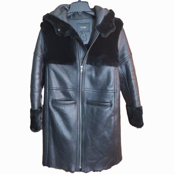 MAJE 38 sz4 SHEARLING Sheepskin Fur Leather Gwette Coat Black Acne Sandro